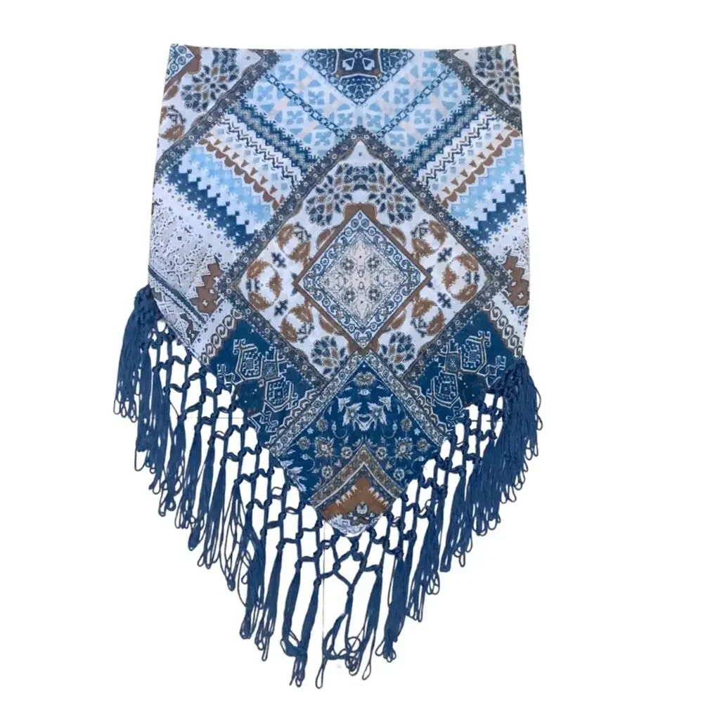 2/$30 Boho Western Teal Blue Tan Brown Print Bandana Neck Scarf Size XS Fringe